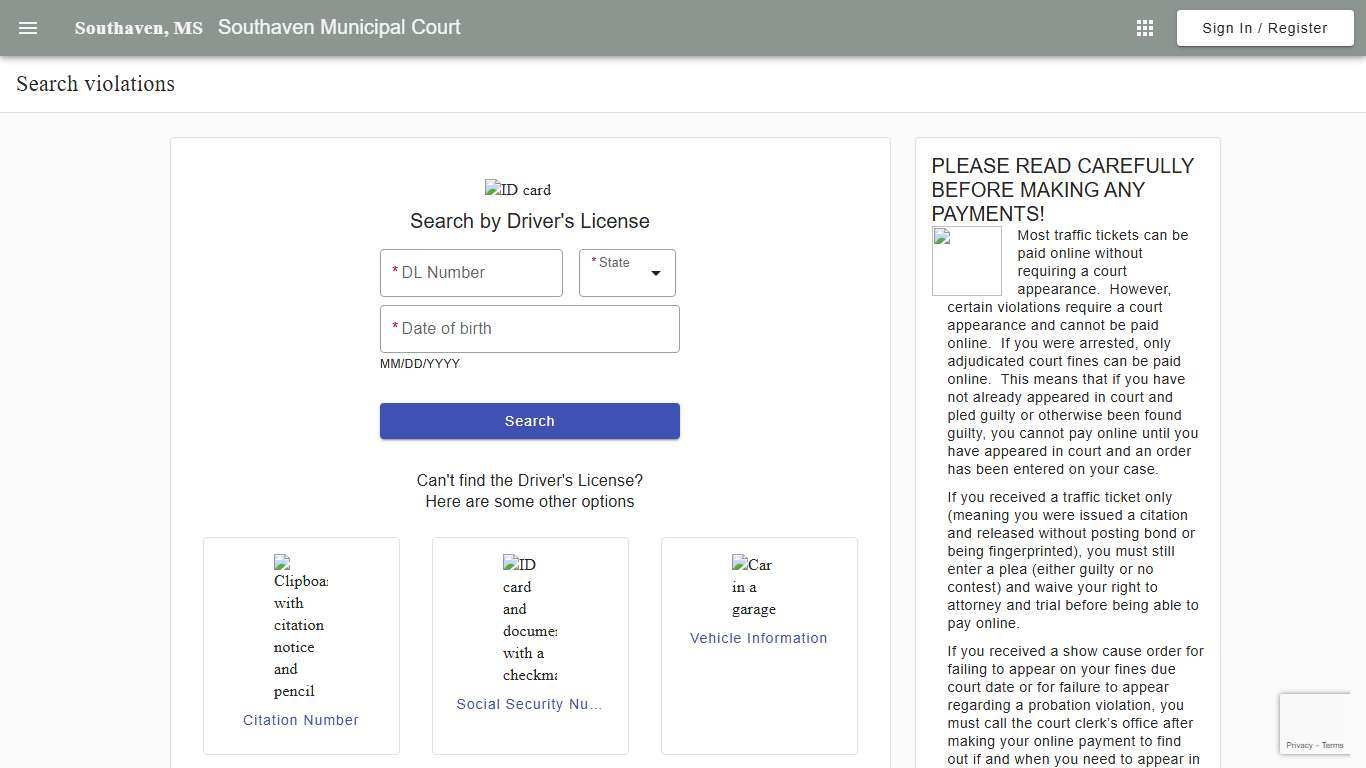 Search - Search violations - Southaven Municipal Court - City of Southaven Mississippi - Municipal Online Services